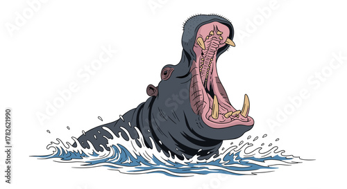 A large hippopotamus emerges from the water with its mouth wide open.