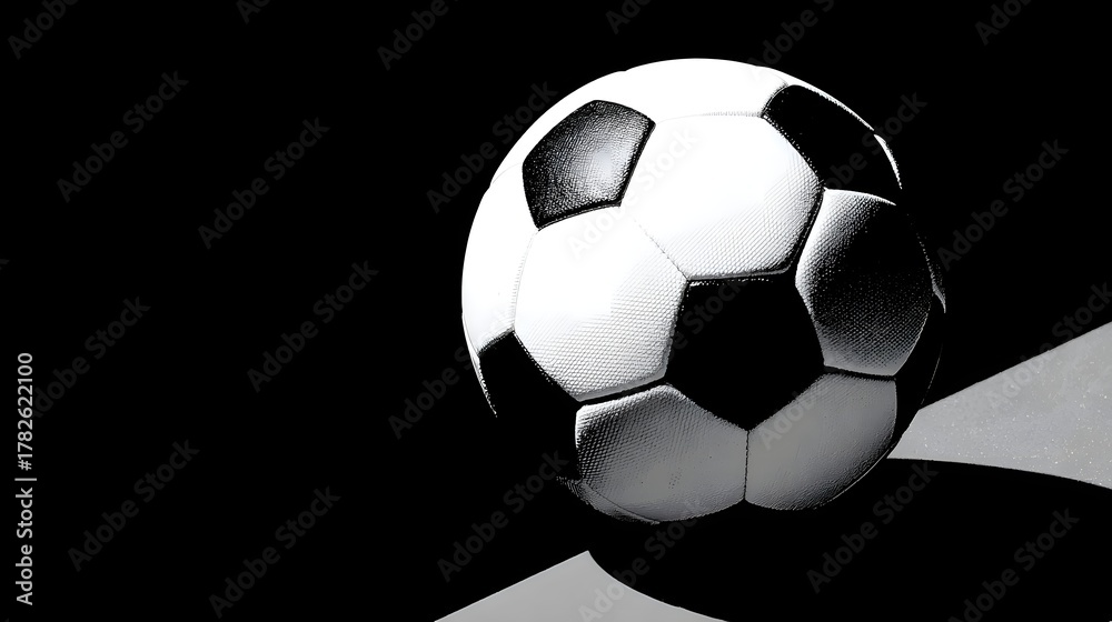 Naklejka premium Classic black and white patterned ball rests dramatically on a gray surface against a dark background