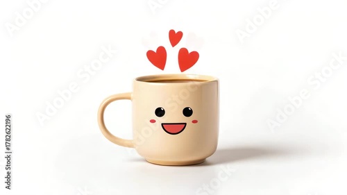 Cute coffee mug with happy face and hearts isolated on white background motion animated video