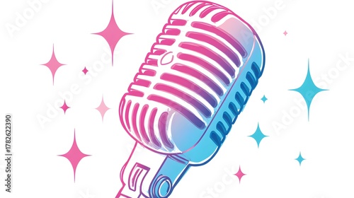 Retro style microphone illustration accented with sparkling geometric shapes