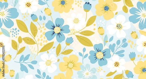 A seamless pattern of stylized flowers and leaves in blue, yellow, and white with a light blue and cream background.
