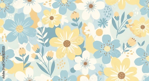 A seamless pattern of stylized, flat flowers in blue, yellow, and white, with abstract shapes and dots.