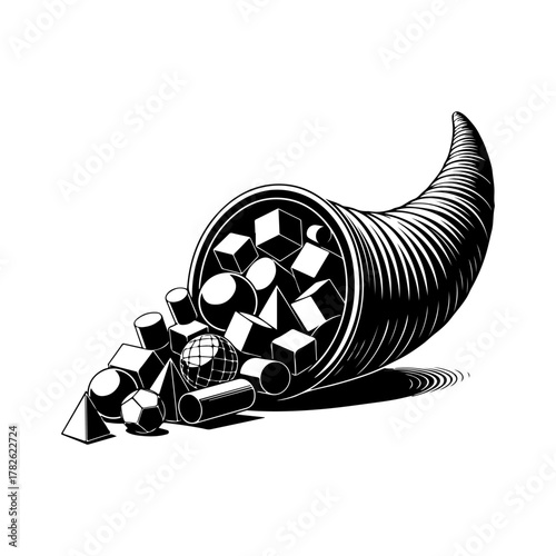 Abundance horn overflowing with geometric shapes, symbolizing prosperity, growth, and bounty