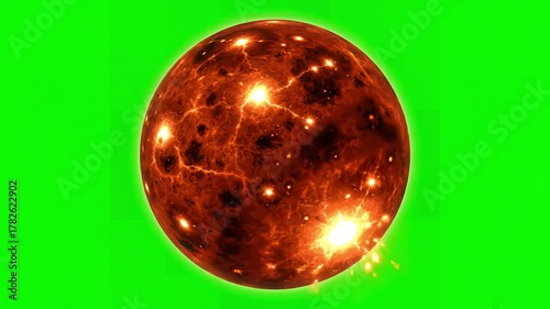 VFX Element: Rotating Sun with 4k solar atmosphere isolated on green background close up of against screen 3d loop distortion, overlay, glitch, static noise, scan lines black background, animated