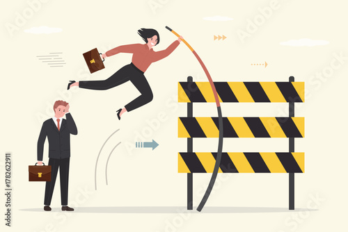 Woman winner pole vaults and overcomes an obstacle, while man loser gives in to difficulties. Barrier to business development. Dead end in career.