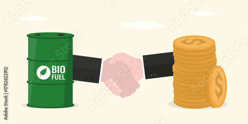 Business deal, agreement. Business people shaking hand. Exchange money to biofuel. Vision plan and perspective. Green energy technology. Buying or investment in alternative energy.
