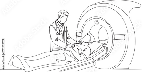 Doctor and Patient in MRI Scanner Line Art medical