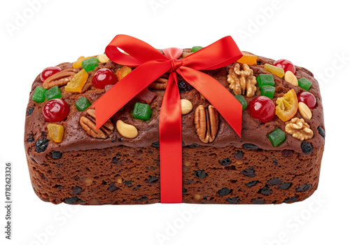 Festive Fruitcake Loaf with Candied Fruits, Nuts, and a Vibrant Red Ribbon - Perfect Holiday Gift