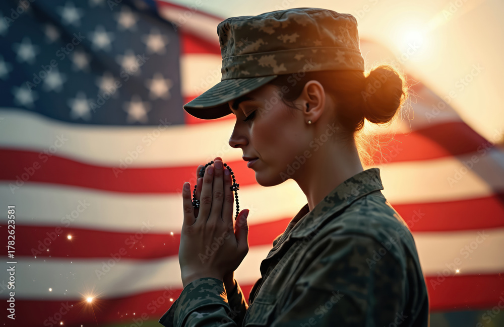 Obraz premium Female soldier prays holding rosary against national USA flag. Woman in military uniform shows respect, faith, patriotism on memorial day, veterans day. American troop remembers fallen heroes.
