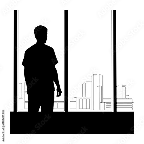 A solitary figure admiring the city skyline from a modern office window, contemplation