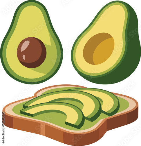 Avocado halves with a slice of avocado on toast in a flat design illustration