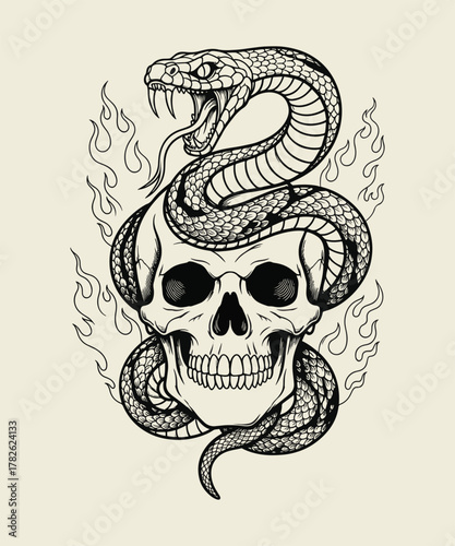 A detailed illustration of a snake wrapped around a skull surrounded by flames in black and white