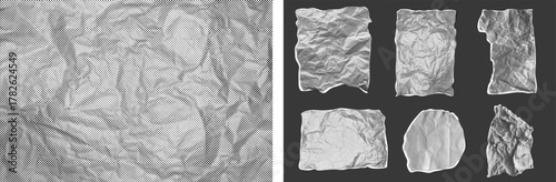 Gritty set halftone paper texture, background. Dusty crumpled paper, notebook sheet. Grunge style overlay, bg. Collage element