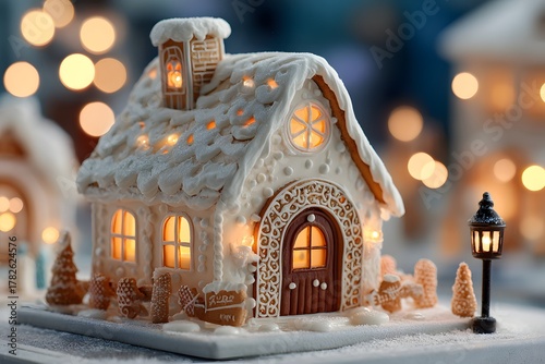 Enchanting Gingerbread House in Winter Wonderland: Illuminated Windows and Festive Decor