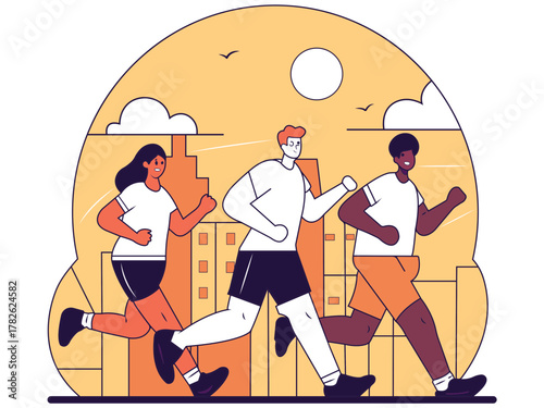 Flat vector design diverse group of three enthusiastic individuals engaging in a dynamic outdoor run through a stylized city landscape under a vibrant sunny sky, promoting physical health and fitness