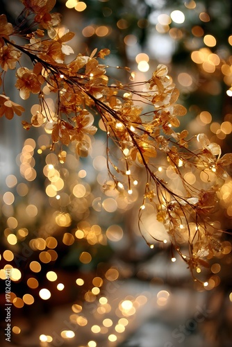 Enchanting Bokeh Lights and Decorative Branches with Autumn Hues: Capturing the Dreamy Atmosphere of Glowing Foliage and Delicate Flowers in Festive Ambiance