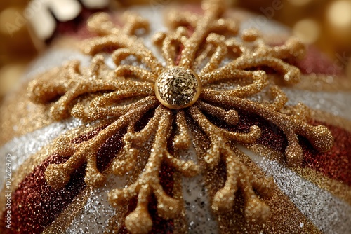 Golden Snowflake Ornament: Macro Photography of Festive Holiday Decorations with Glistening Embellishments and Elegant Craftsmanship