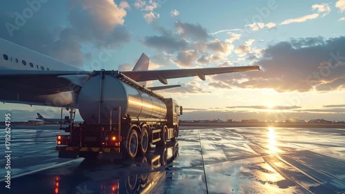 Industrial Fuel Truck Refueling an Aircraft Wing at Sunset on the Tarmac