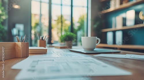 Cozy workspace with coffee with papers  greenery.