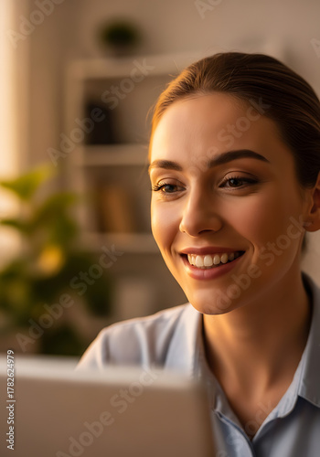 Smiling Woman on Video Call at Home