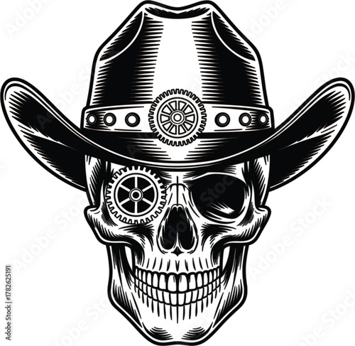 Monochrome Steampunk Cowboy Skull with Gears and Eyepatch Vector