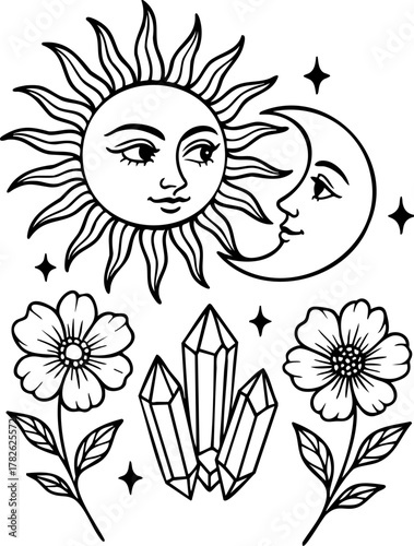 Mystical moon and sun with faces surrounded by crystals and flowers, black and white vector illustration of celestial magic line art for boho design, witchy decor, and spiritual projects