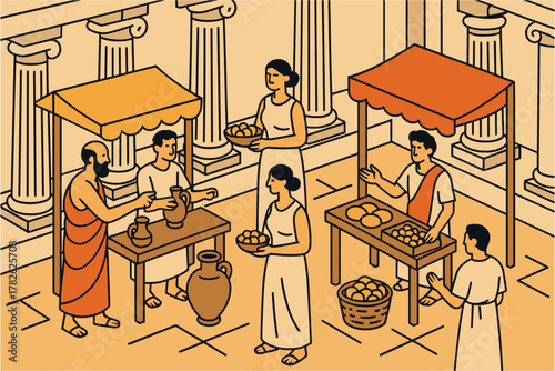 Ancient marketplace scene depicting roman life in an isometric style