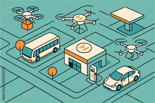 Futuristic urban transport with drones and electric vehicles in an isometric style
