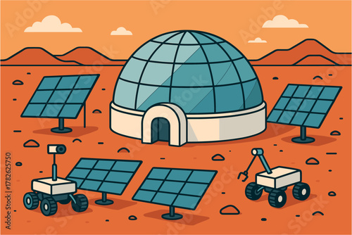 Futuristic mars colony with solar panels and robots in flat design