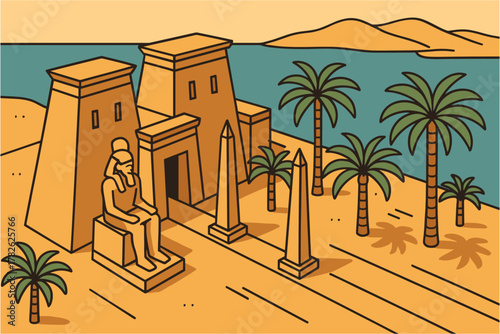 Ancient egyptian desert scene with temples and palm trees near a river
