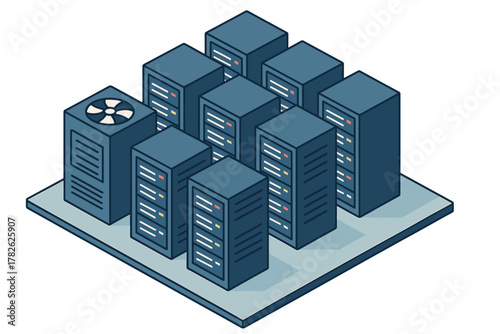 Isometric data server room with network equipment and cooling system