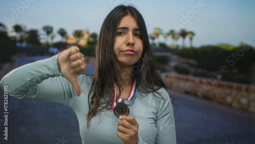 Fotografija Young hispanic woman holds a bronze medal and makes a thumbs-down gesture on a street; disappointment setback
