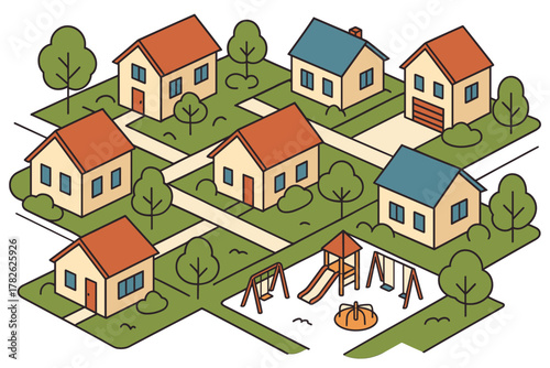 Charming suburban neighborhood with park and houses in isometric view