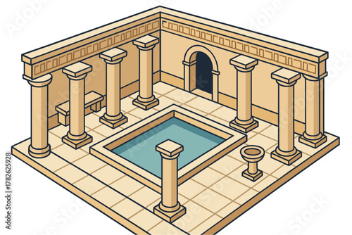 Isometric ancient roman courtyard with columns and pool