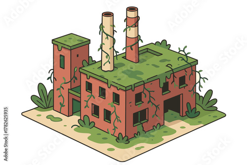 Abandoned factory overgrown with greenery in isometric style