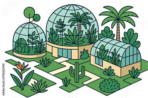Modern isometric greenhouse garden with geometric glass domes and lush vegetation