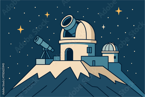 Night sky observatory with telescopes and stars on mountain peak in flat design