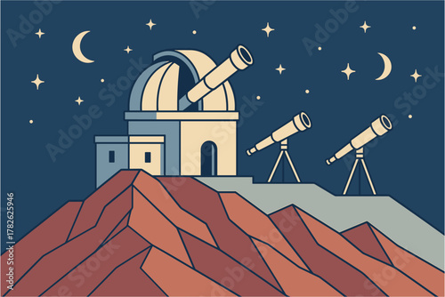Celestial observatory night scene with telescopes and starry sky in geometric style