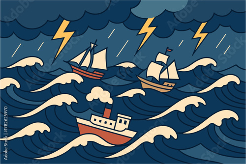 Dramatic stormy sea with sailing ships and thunderbolts in retro style art