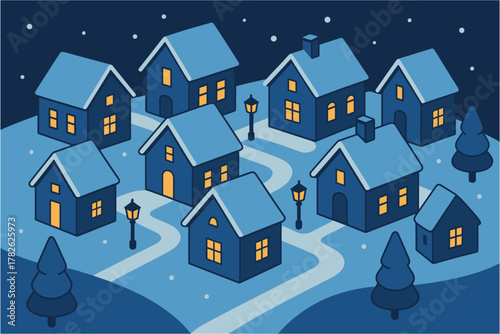 Winter night scene with cozy houses and snowy paths in isometric style