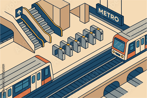 Modern isometric metro station with trains and staircase
