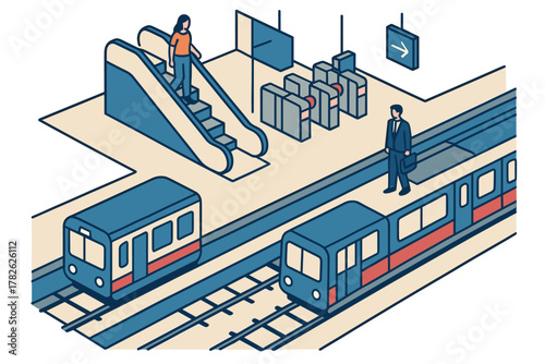 Isometric urban transit scene with escalator and metro train