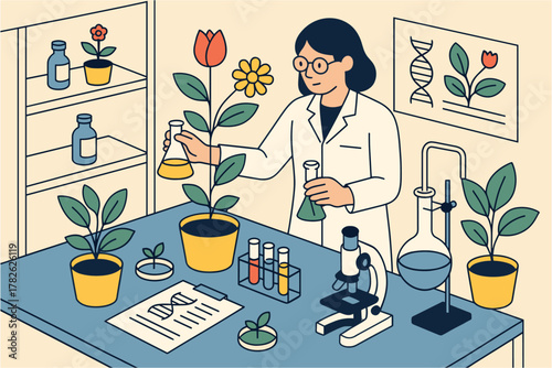 Scientist analyzing plants in laboratory setting with botanical diagrams and equipment