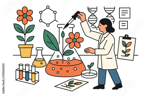 Scientist conducting botanical experiments in lab with plants and chemical equipment