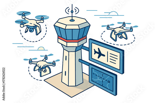 Air traffic control with modern drones and control tower in line art style