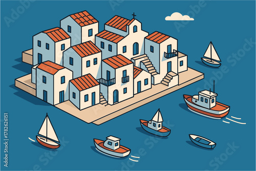 Charming coastal village with boats on the sea in isometric art style