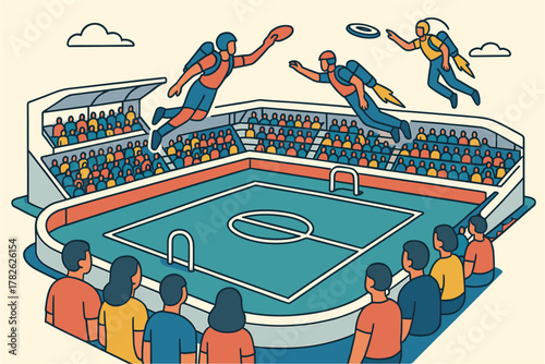 Futuristic rocket suit game in modern stadium with enthusiastic crowd