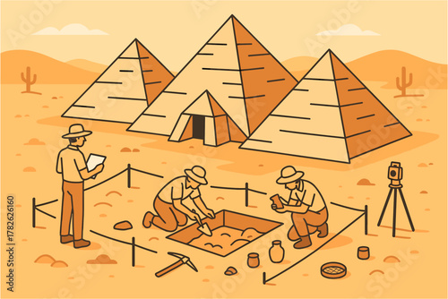 Archaeologists excavating in front of ancient pyramids in a desert landscape