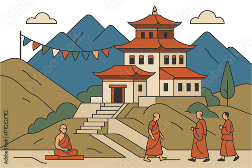 Flat style monks and temple in mountainous landscape with banners