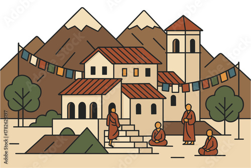 Tranquil monastery scene with monks in countryside landscape with mountains